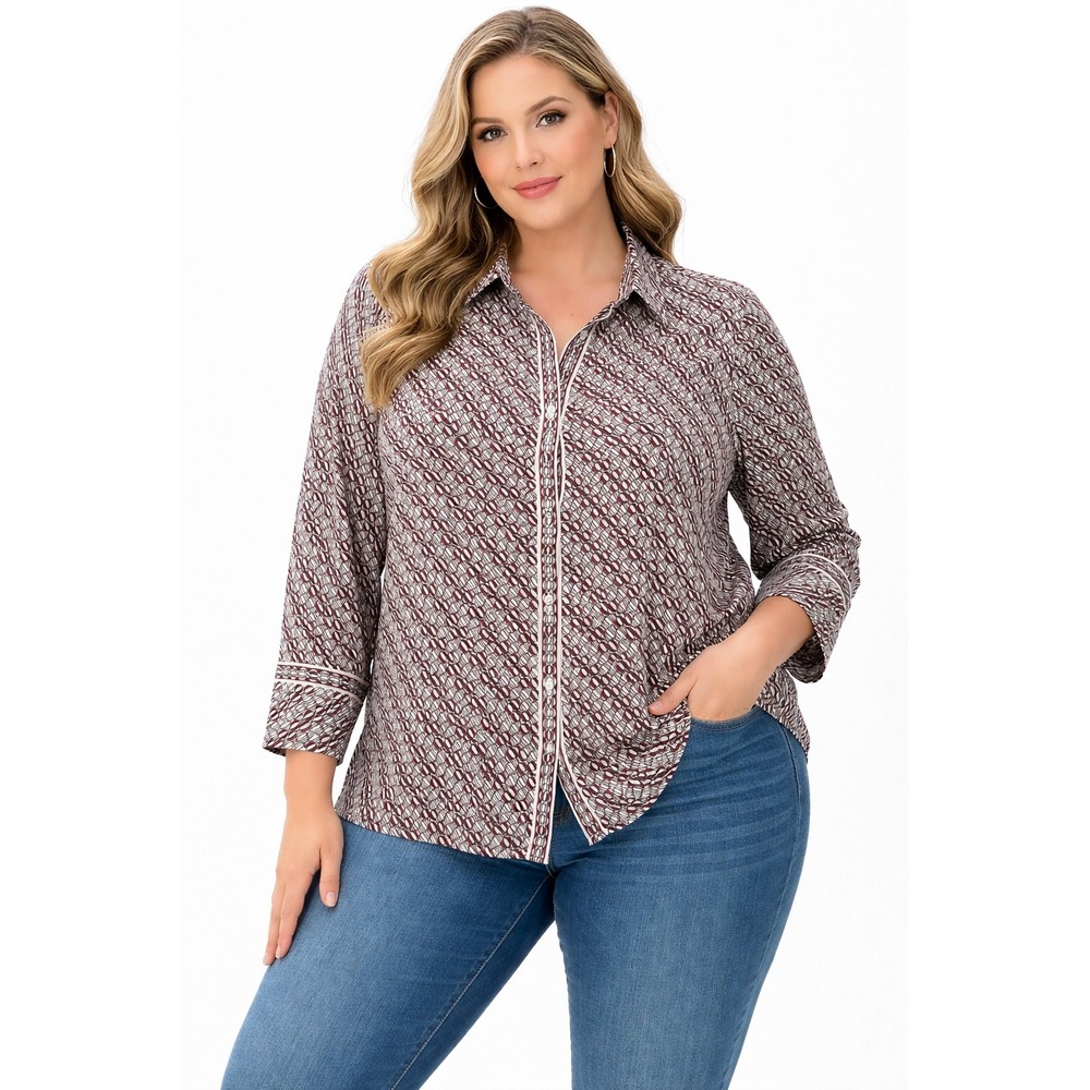 Max Studio London Womens 3X Burgundy Geometric Print Button Down Blouse